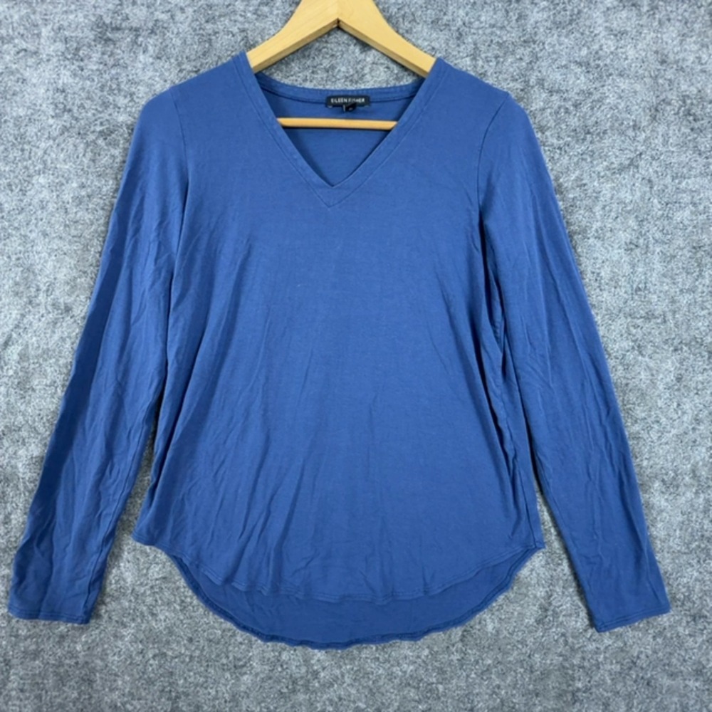 Eileen Fisher Tunic Top Womens Small Blue V-Neck Long Sleeve Stretch Casual Wear